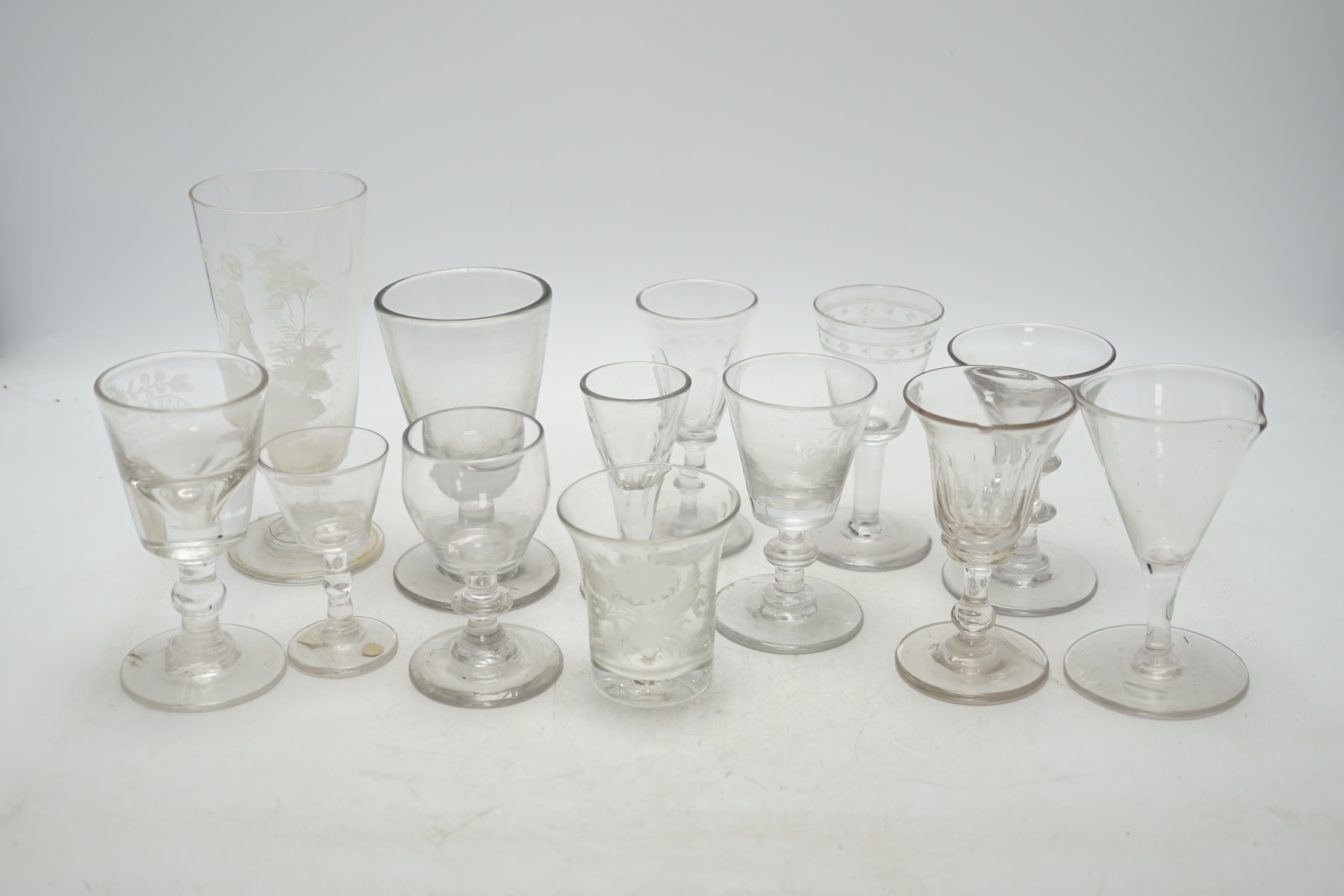 A group of thirteen various glasses, 18th century and later, including Mary Gregory, tallest 16.5cm. Condition - fair to good